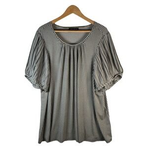 Lane Bryant Women's 22/24 Black White Houndstooth Puff‎ Sleeve Blouse Minimalist